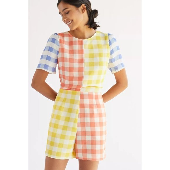 Anthropologie Farm Rio Gingham Contrast Romper red, yellow, blue, white, size M - Picture 3 of 11